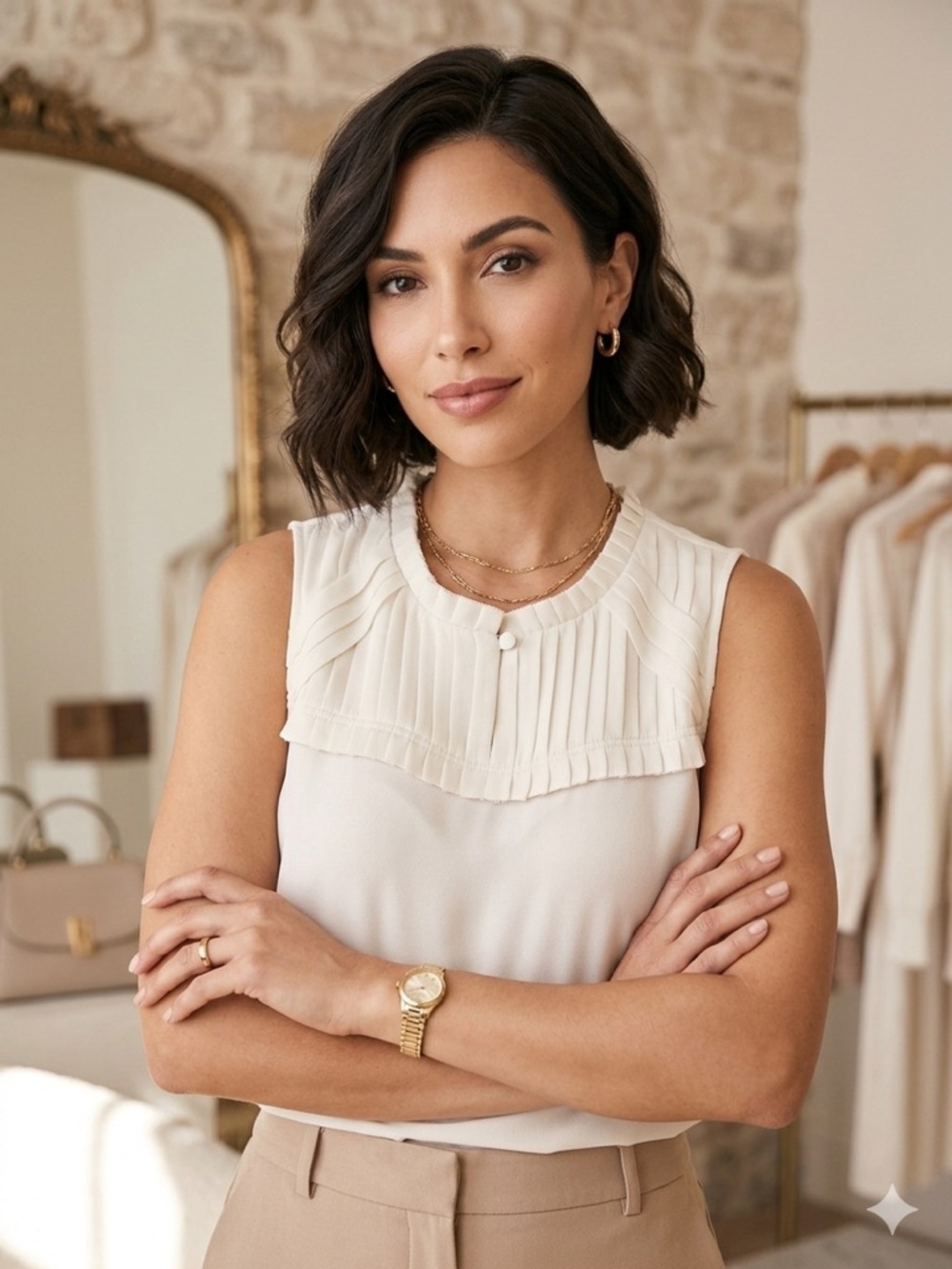 Ann Taylor Cream Pleated Yoke Sleeveless Blouse